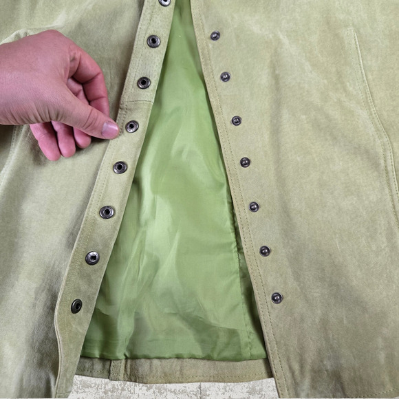Y2K CJ Banks Spring Light Green Suede Snap Button V Neck Leather Jacket Size 2X - Picture 4 of 8